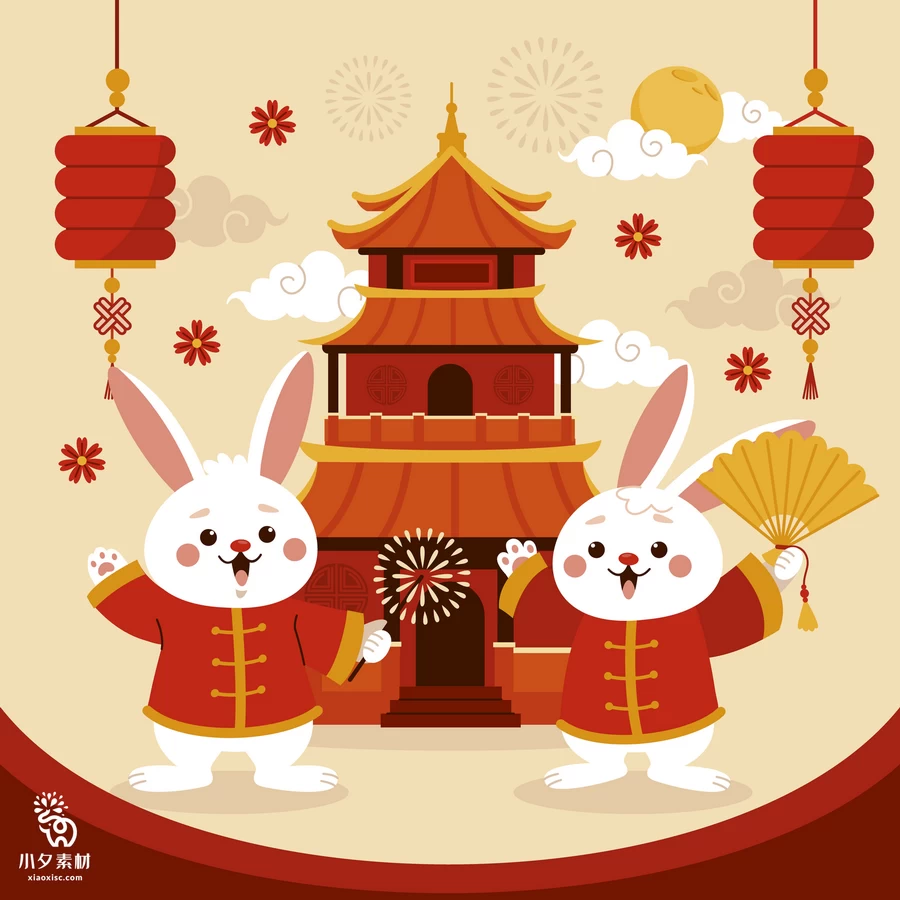 2023兔年新年快乐春节节日宣传图案插画海报BANNER模板AI矢量素材【010】
